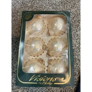 Vintage Visions by Holly Glass Ornaments Set 6 Pearl Ivory 2⅝” Shiny Brite Style